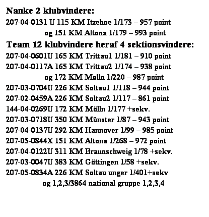 Text Box: Nanke 2 klubvindere: 
207-04-0131 U 115 KM Itzehoe 1/173  957 point 
                   og 151 KM Altona 1/179  993 point 
Team 12 klubvindere heraf 4 sektionsvindere: 
207-04-0601U 165 KM Trittau1 1/181  910 point 
207-04-0117A 165 KM Trittau2 1/174  938 point 
                   og 172 KM Mlln 1/220  987 point 
207-03-0704U 226 KM Soltau1 1/118  944 point 
207-02-0459A 226 KM Soltau2 1/117  861 point 
144-04-0269U 172 KM Mlln 1/177 +sekv. 
207-03-0718U 350 KM Mnster 1/87  943 point 
207-04-0137U 292 KM Hannover 1/99  985 point 
207-05-0844X 151 KM Altona 1/268  972 point 
207-04-0122U 311 KM Braunschweig 1/78 +sekv. 
207-03-0047U 383 KM Gttingen 1/58 +sekv.  
207-05-0834A 226 KM Soltau unger 1/401+sekv 
                  og 1,2,3/3864 national gruppe 1,2,3,4 
 
